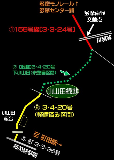 多摩モノレール町田ルート3・3・24号および3・4・20号概略図